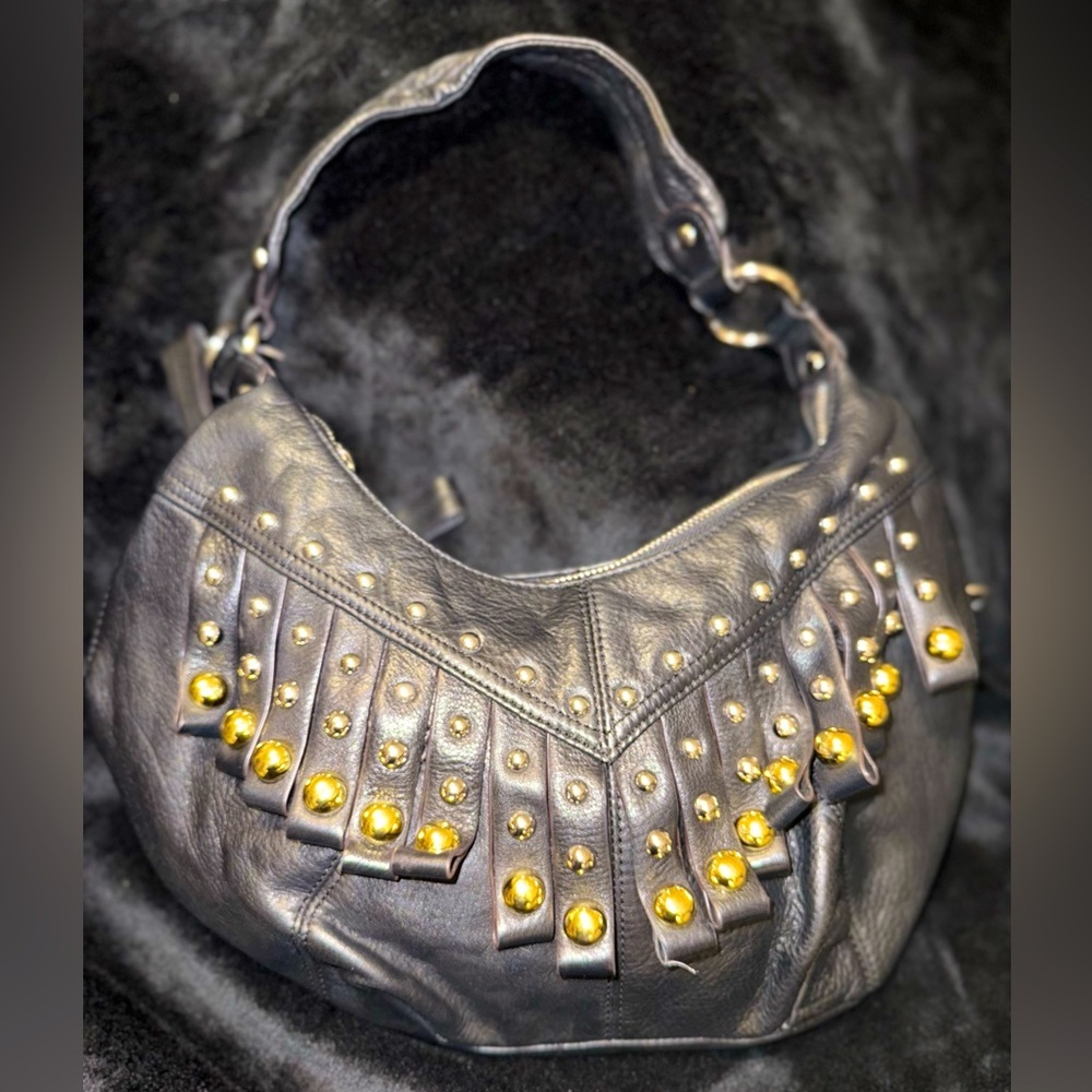 B.Makowsky Black 100% Leather Shoulder Fringe Stud Silver Gold Western Bag.